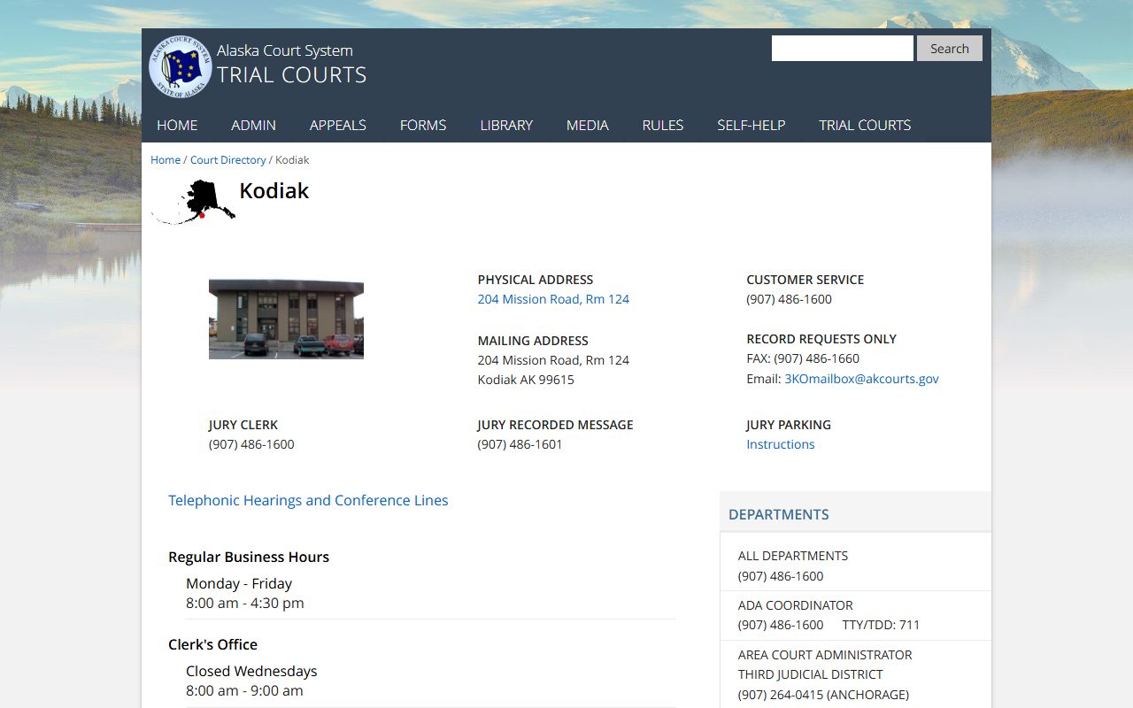 Kodiak Superior and District Court directory page for state court matters