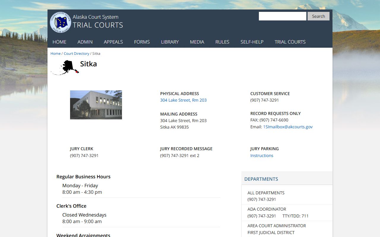 Sitka Superior and District Court directory page for state court matters in Sitka