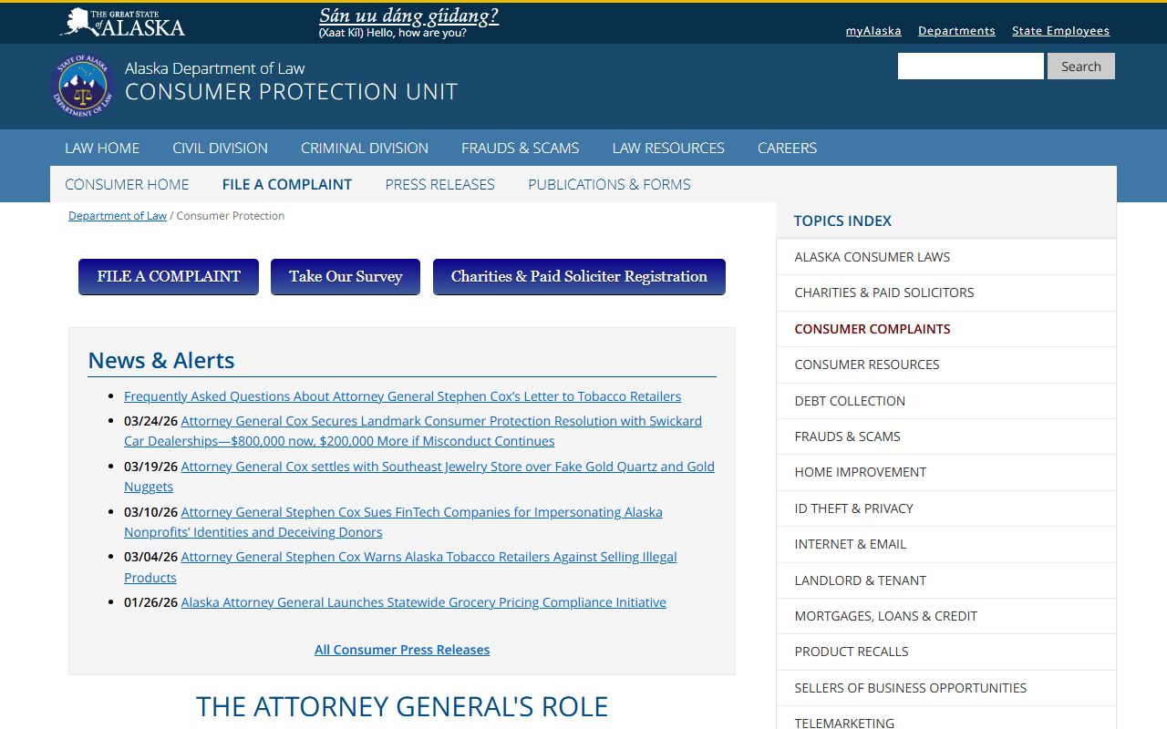 Alaska Attorney General Consumer Protection and bankruptcy records