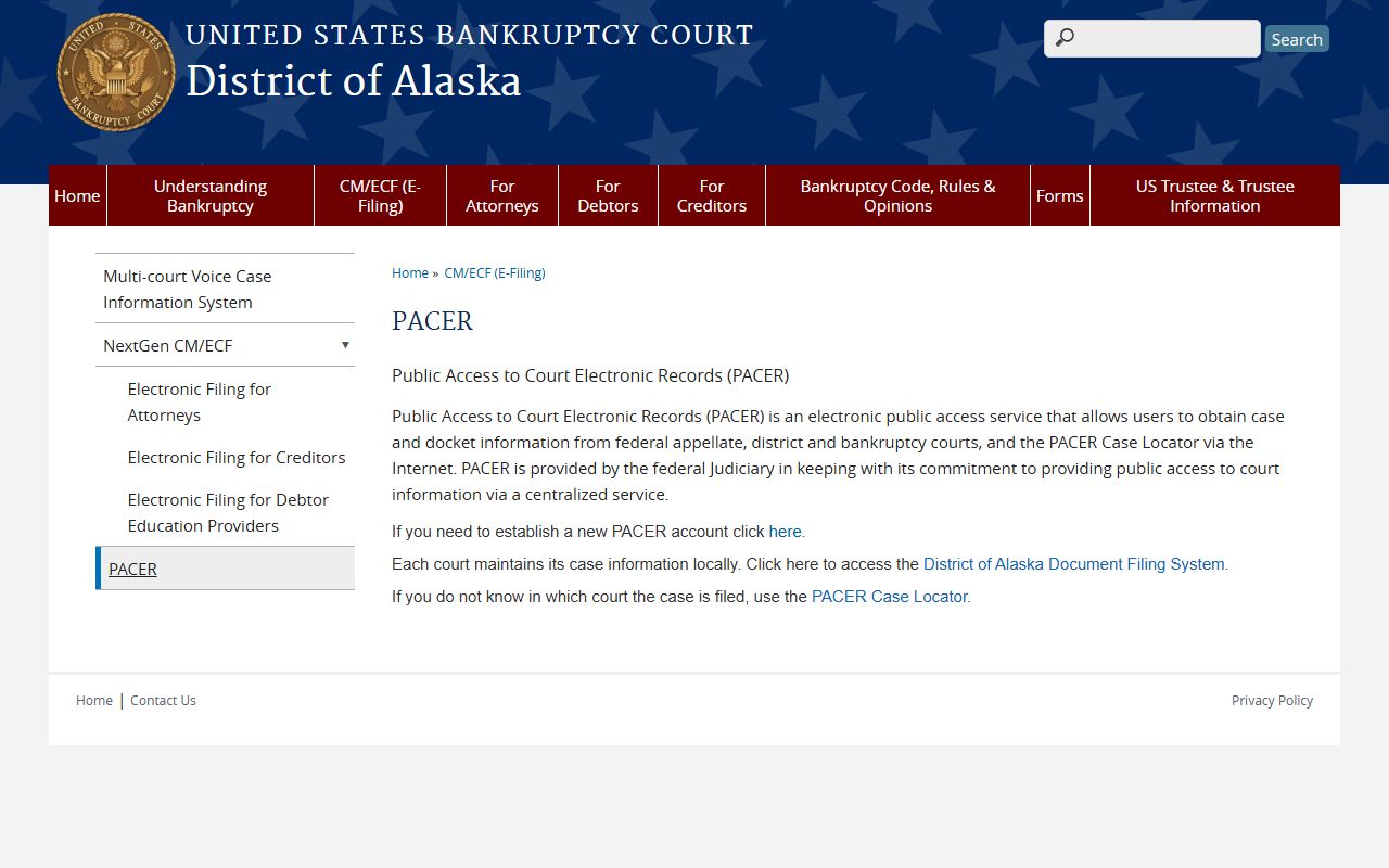 PACER system for Alaska bankruptcy records search