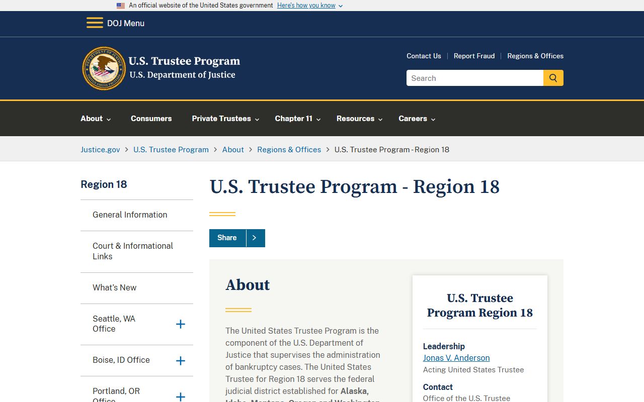 U.S. Trustee Program Region 18 Alaska bankruptcy records oversight